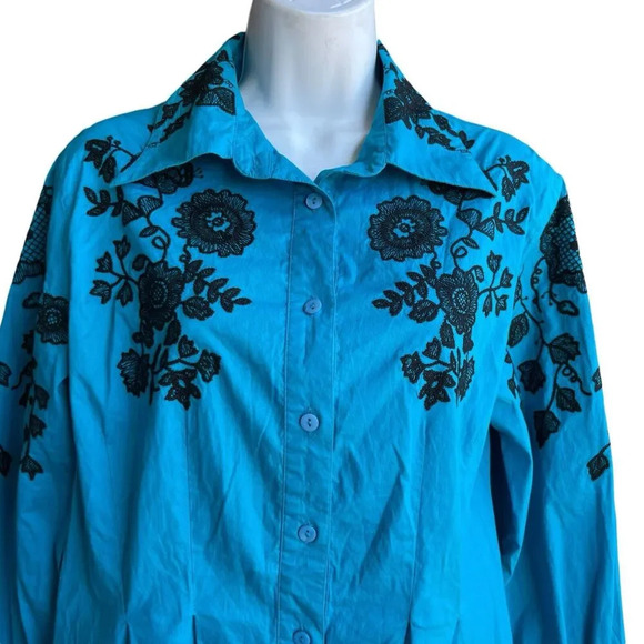 $225 ROJA Embroidered Tunic Dress Long Sleeve Floral Blue Hi-low Southwestern M - Picture 3 of 5